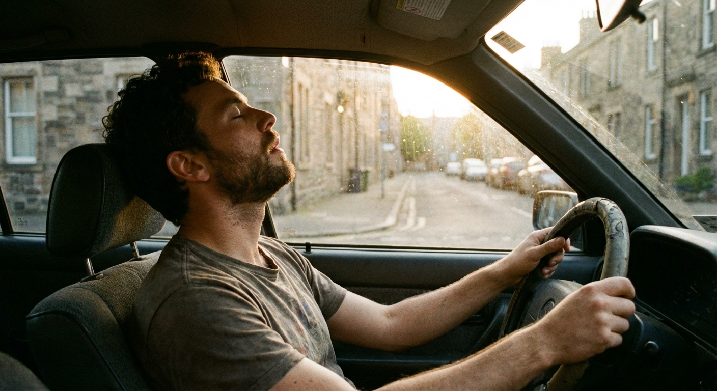 גבר ישראלי יושב ברכב חונה, שתי ידיים על ההגה, עוצם עיניים ונושם