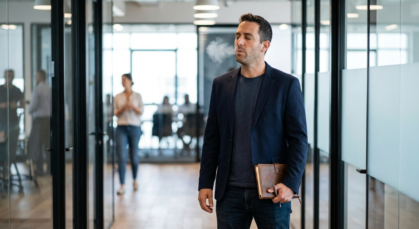 גבר ישראלי בחליפת קז׳ואל עומד במסדרון לפני פגישה, נושף לאט ומחזיק מחברת