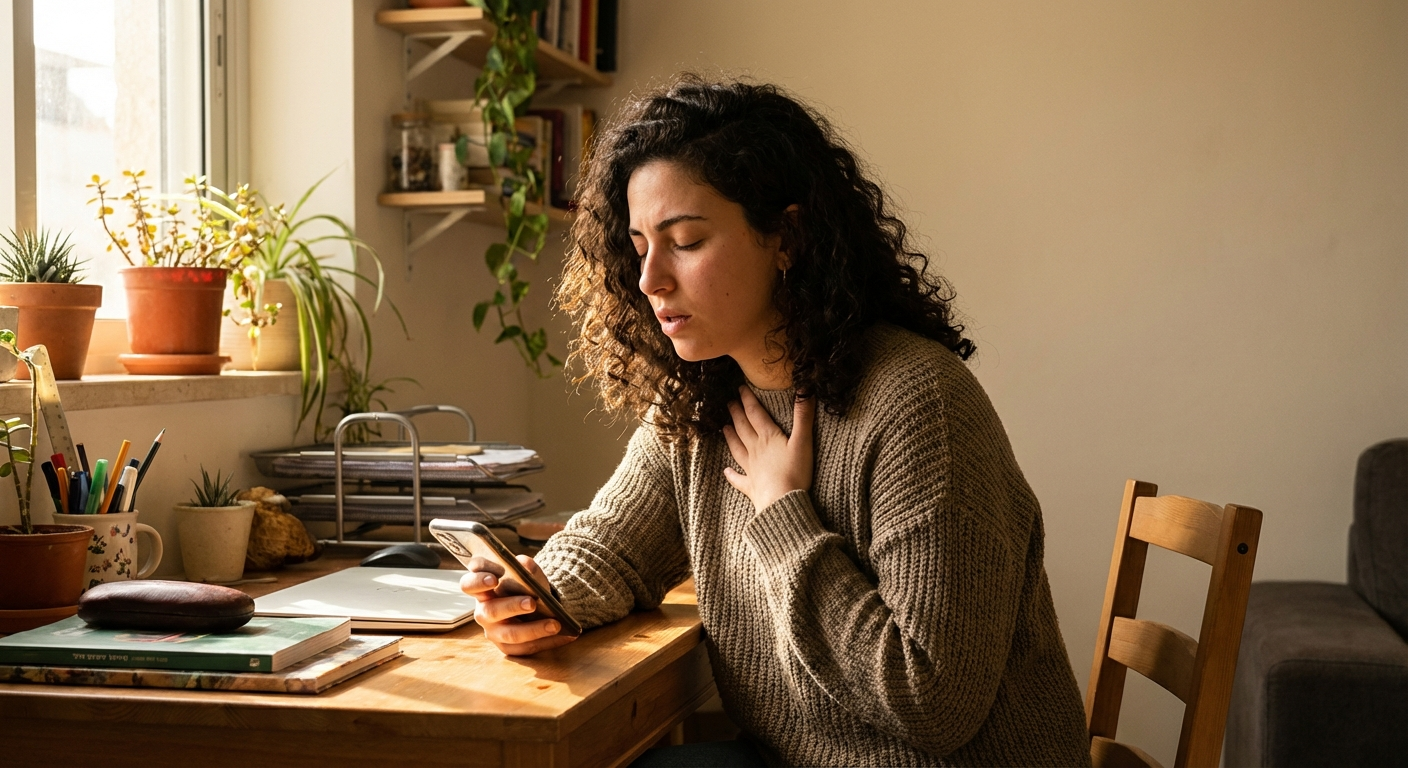 אישה ישראלית צעירה יושבת ליד שולחן, מביטה בטלפון ונושמת עמוק לפני שיחה