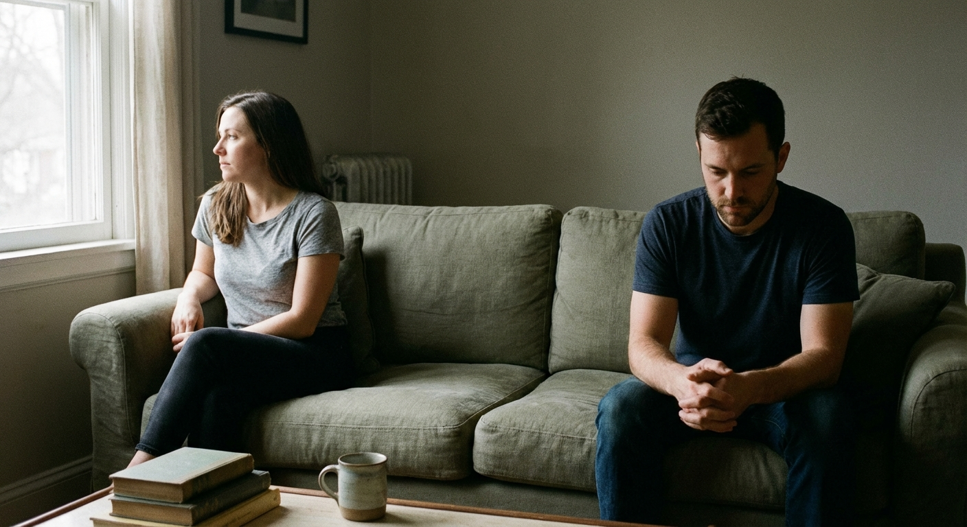 זוג יושב על ספה עם מרחק ביניהם, אור רך דרך חלון, תחושת מתח עדין