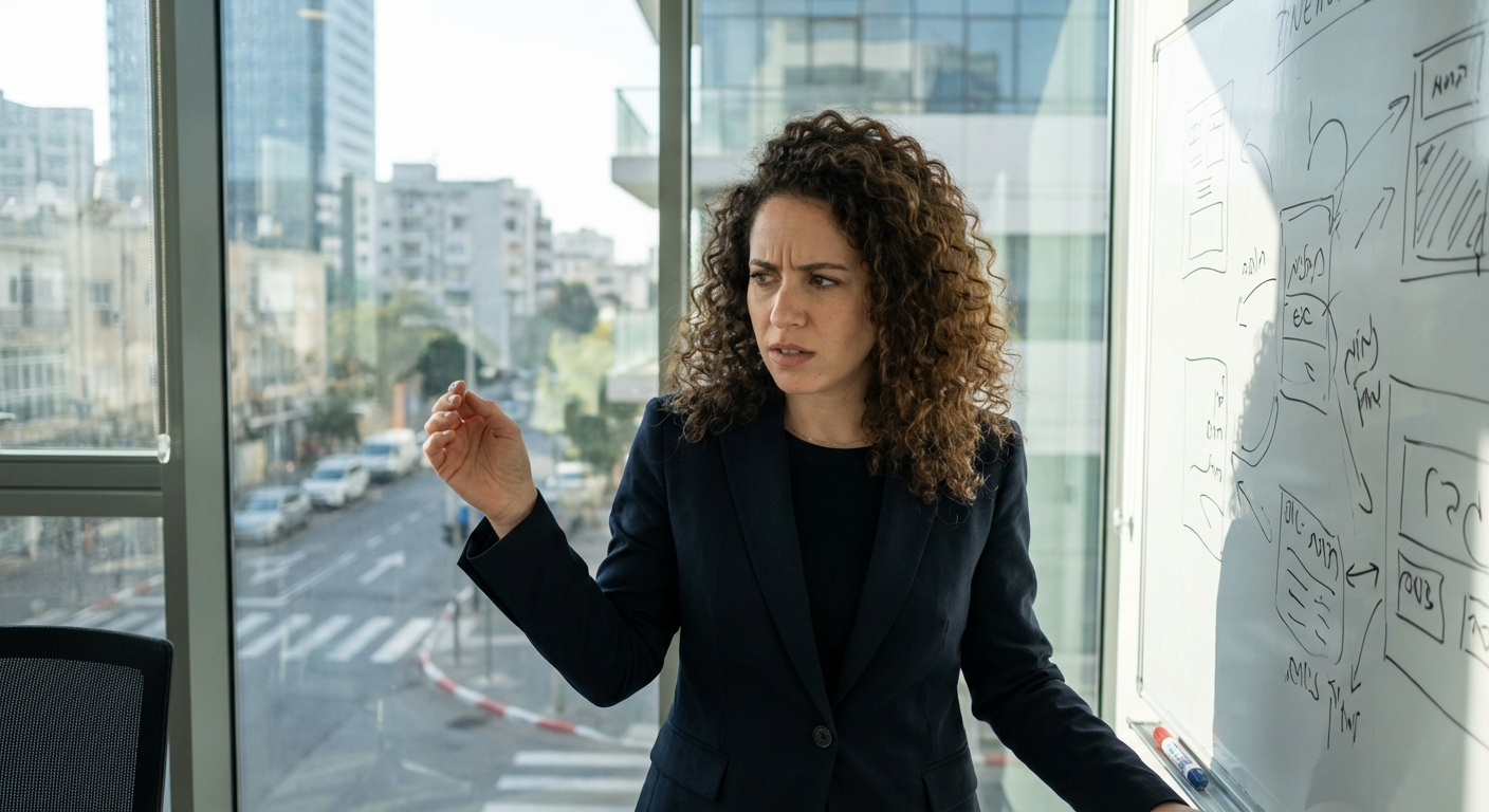 אישה ישראלית צעירה עומדת ליד לוח במשרד מודרני, מבט מתוח, אור טבעי