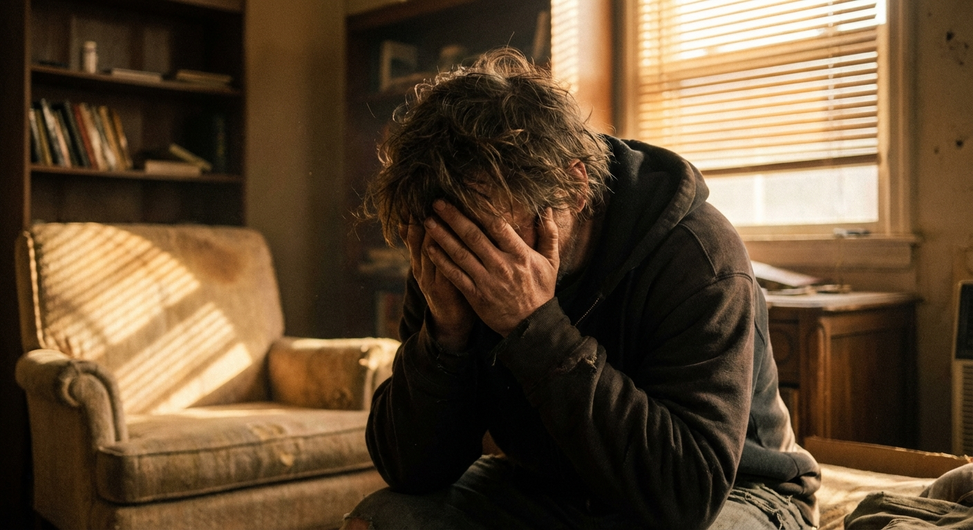 אדם יושב בחדר מואר חלקית ומחזיק את ראשו בידיו, אור חם מהחלון