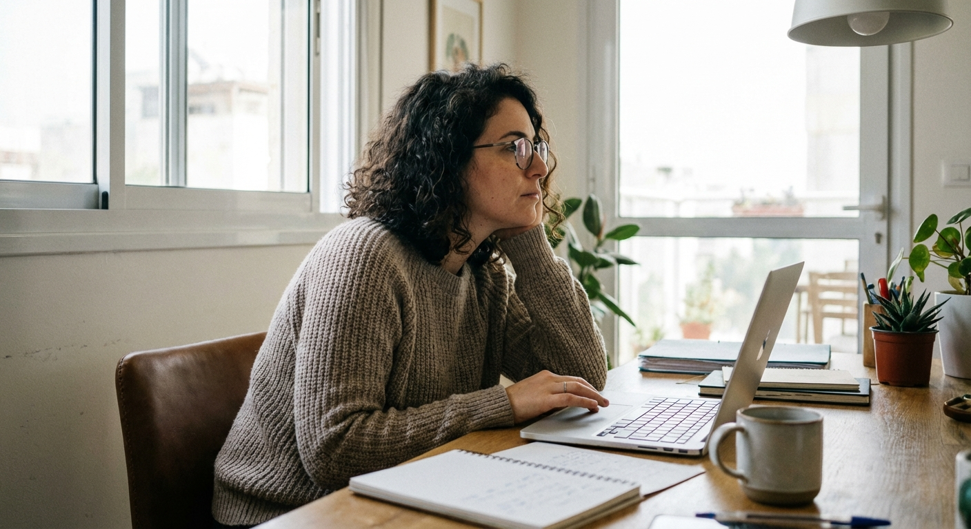 אישה ישראלית צעירה יושבת מול מחשב במשרד ביתי, מביטה בחלון עם הבעה מפוזרת