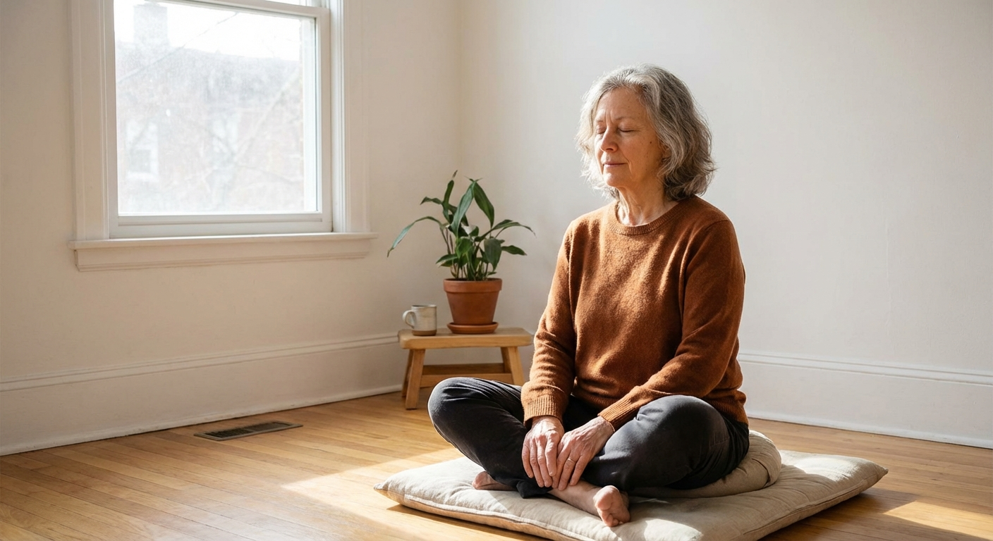 אדם יושב בשקט בחדר מואר עם עיניים עצומות ופנים רגועות, ידיים על הברכיים