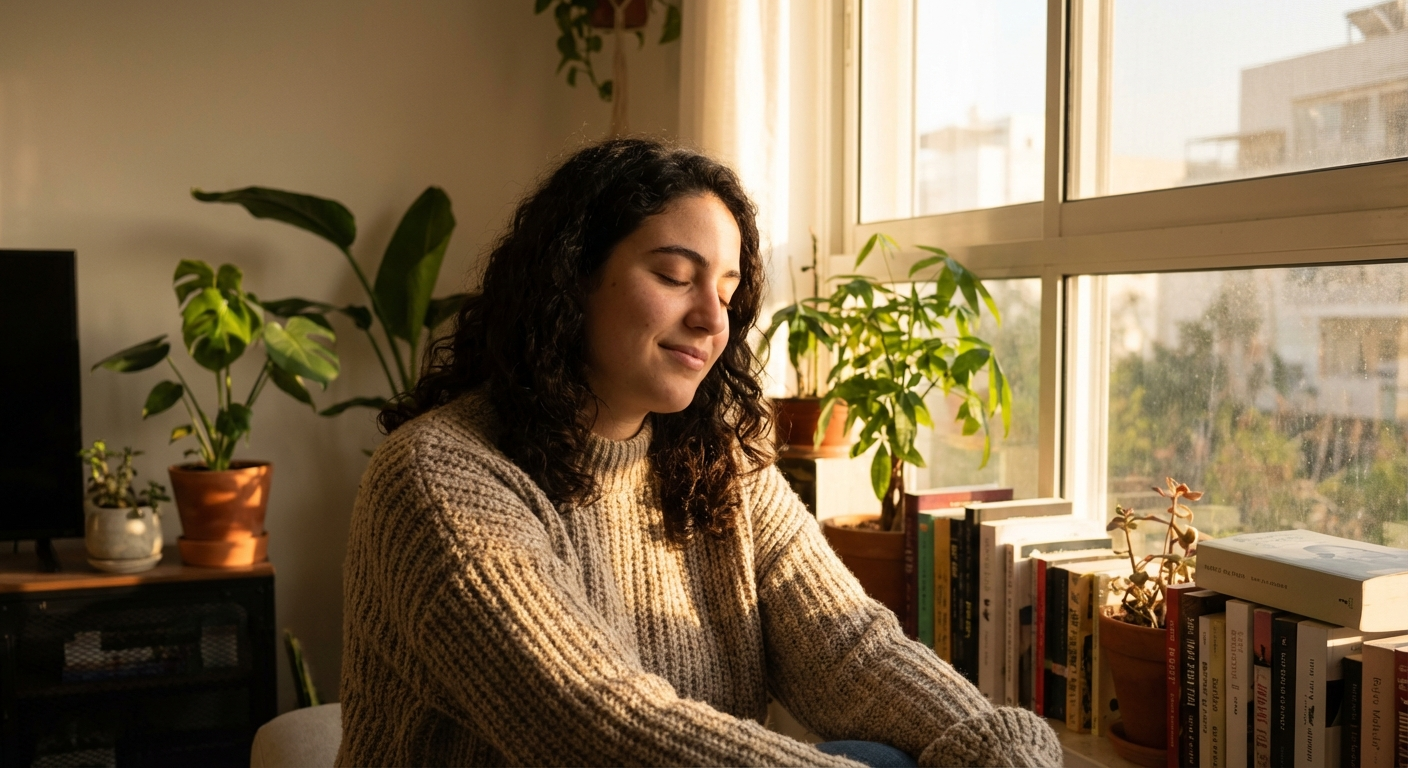 אישה ישראלית צעירה יושבת ליד חלון עם עיניים עצומות, אור שקיעה רך, הבעה שקטה ורגישה