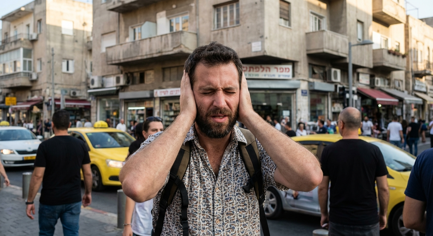 אדם ישראלי צעיר מכסה אוזניים ברחוב עירוני סואן, מבט מודאג, אור יום טבעי