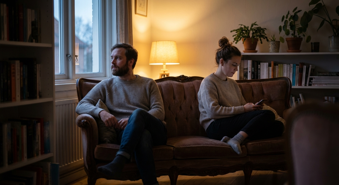 זוג יושב על ספה בסלון ביתי כל אחד מביט לכיוון אחר, תאורה חמה עמומה