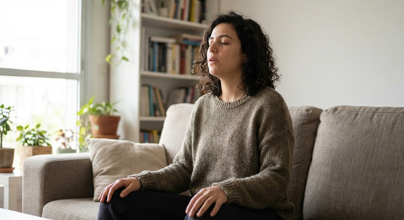 אישה ישראלית צעירה יושבת על ספה בבית, ידיים על הברכיים, נושמת לאט ומרגיעה את הגוף