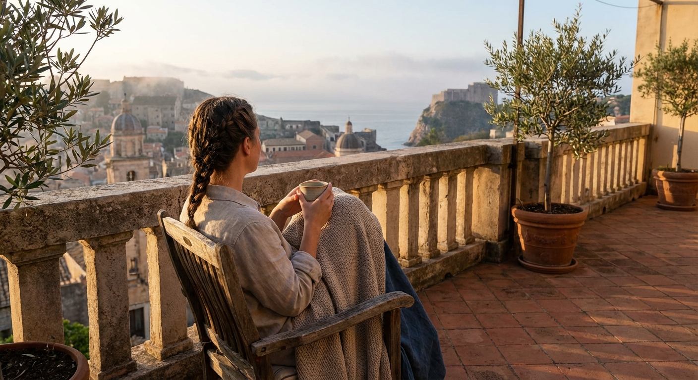 אדם יושב על מרפסת בבוקר מוקדם עם ספל קפה, אור שחר חם, רגע של שקט