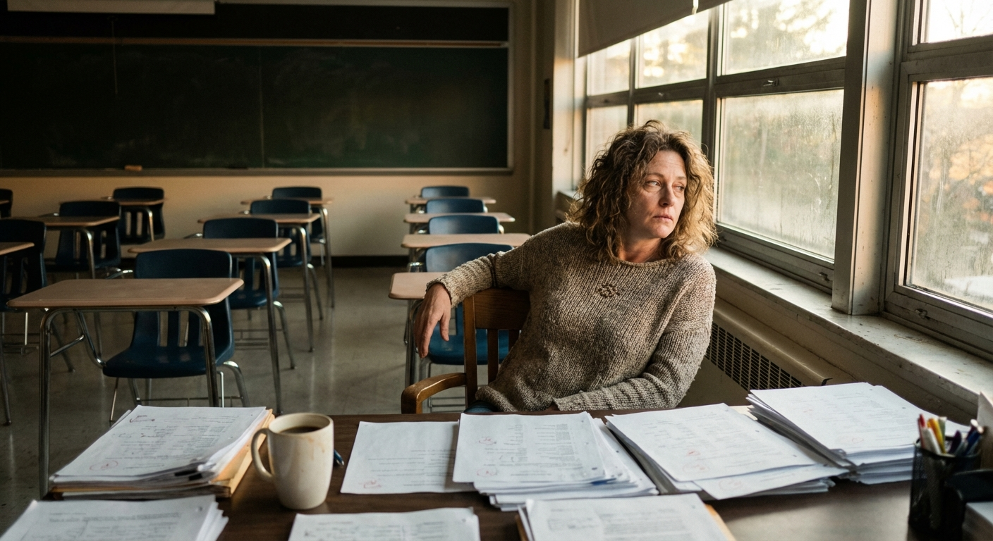 מורה ישראלית יושבת בכיתה ריקה אחרי השיעור, מסתכלת מהחלון בעייפות, אור אחר הצהריים