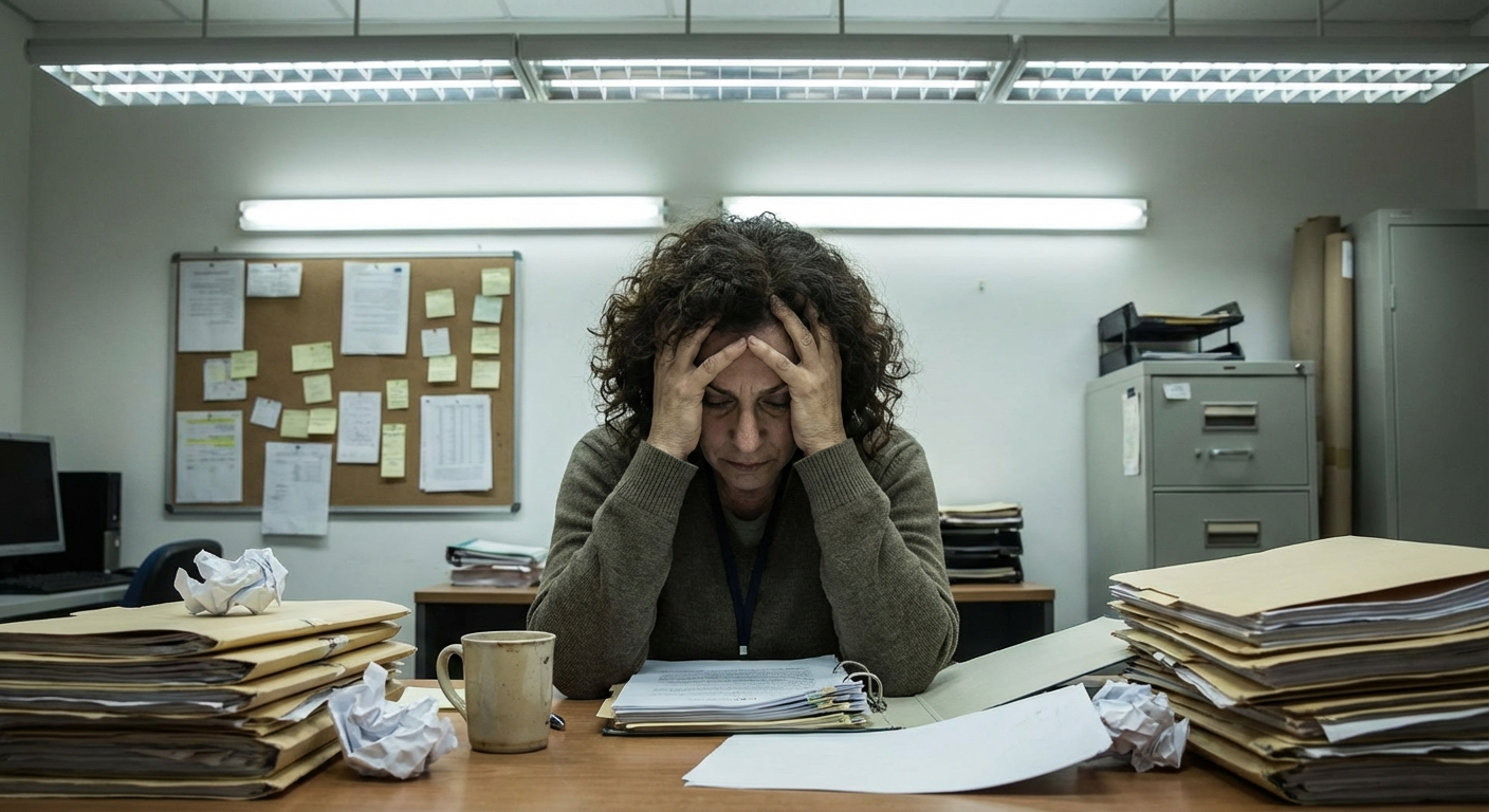 עובדת סוציאלית ישראלית יושבת ליד שולחן עמוס בתיקים, מניחה את הראש על הידיים