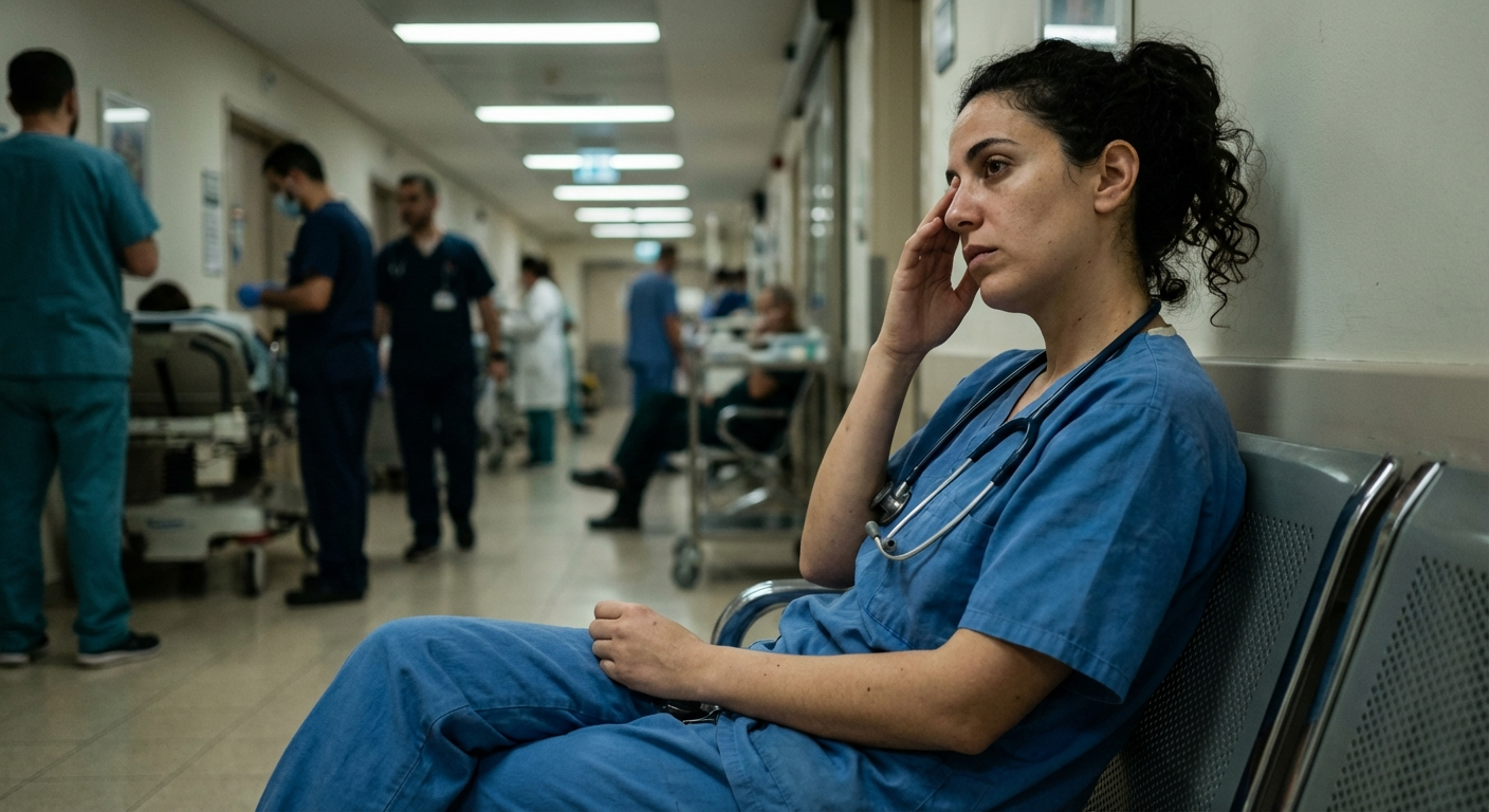 אחות ישראלית יושבת במסדרון בית חולים, מבט עייף, תאורת פלורסנט רכה