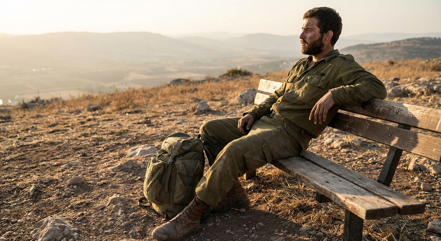 חייל מילואים יושב על ספסל עם תיק צבאי, מביט למרחק בעייפות
