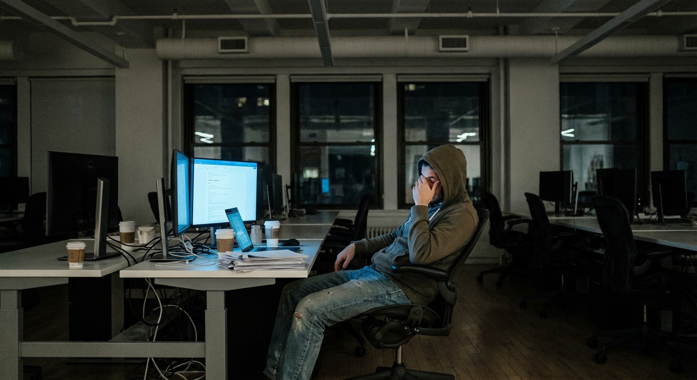 אדם יושב לבד במשרד ריק בשעת לילה מאוחרת, מסכי מחשב דולקים, עייפות על הפנים