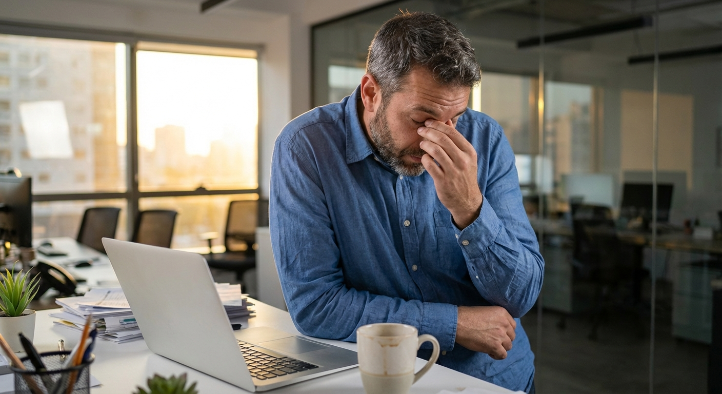גבר ישראלי בשנות ה-40 יושב במשרד עם מחשב נייד, משפשף את העיניים, חלון עם אור ערב, כוס קפה ריקה