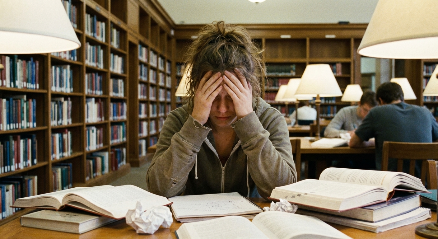 סטודנט יושב בספרייה מוקף בספרים עם הבעת עייפות ותסכול, ידיים על הראש