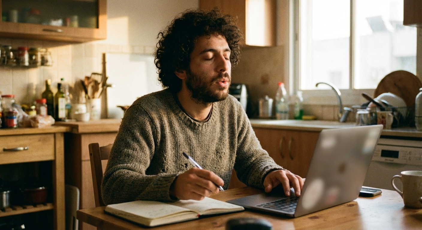 אדם ישראלי יושב בבית עם לפטופ פתוח, רושם כמה שורות במחברת ונושם לאט