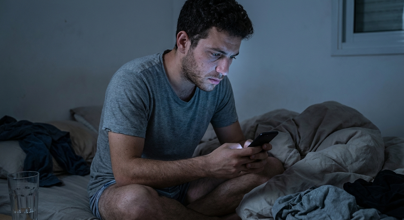 גבר ישראלי צעיר יושב בחושך על מיטה עם טלפון מואר, תאורה רכה מהמסך על פניו