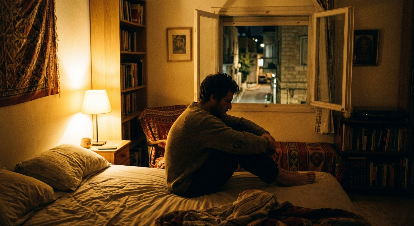 אדם ישראלי יושב על קצה המיטה באור ערב רך, נושם עמוק ומרפה כתפיים