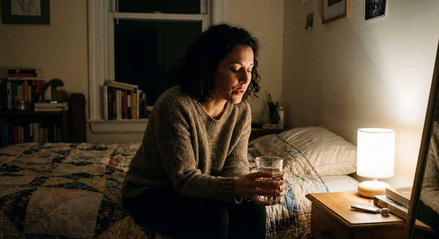 אישה ישראלית יושבת על מיטה בחדר חשוך למחצה, מחזיקה כוס מים ונושמת בשקט