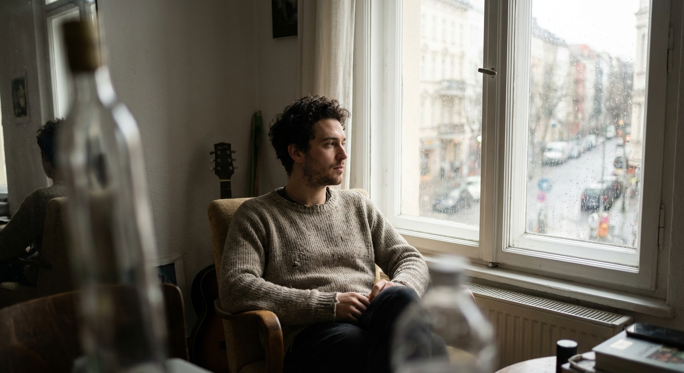 גבר ישראלי צעיר יושב בחדר מואר ומביט החוצה מהחלון, מבט מרוחק ומהורהר, אור טבעי רך