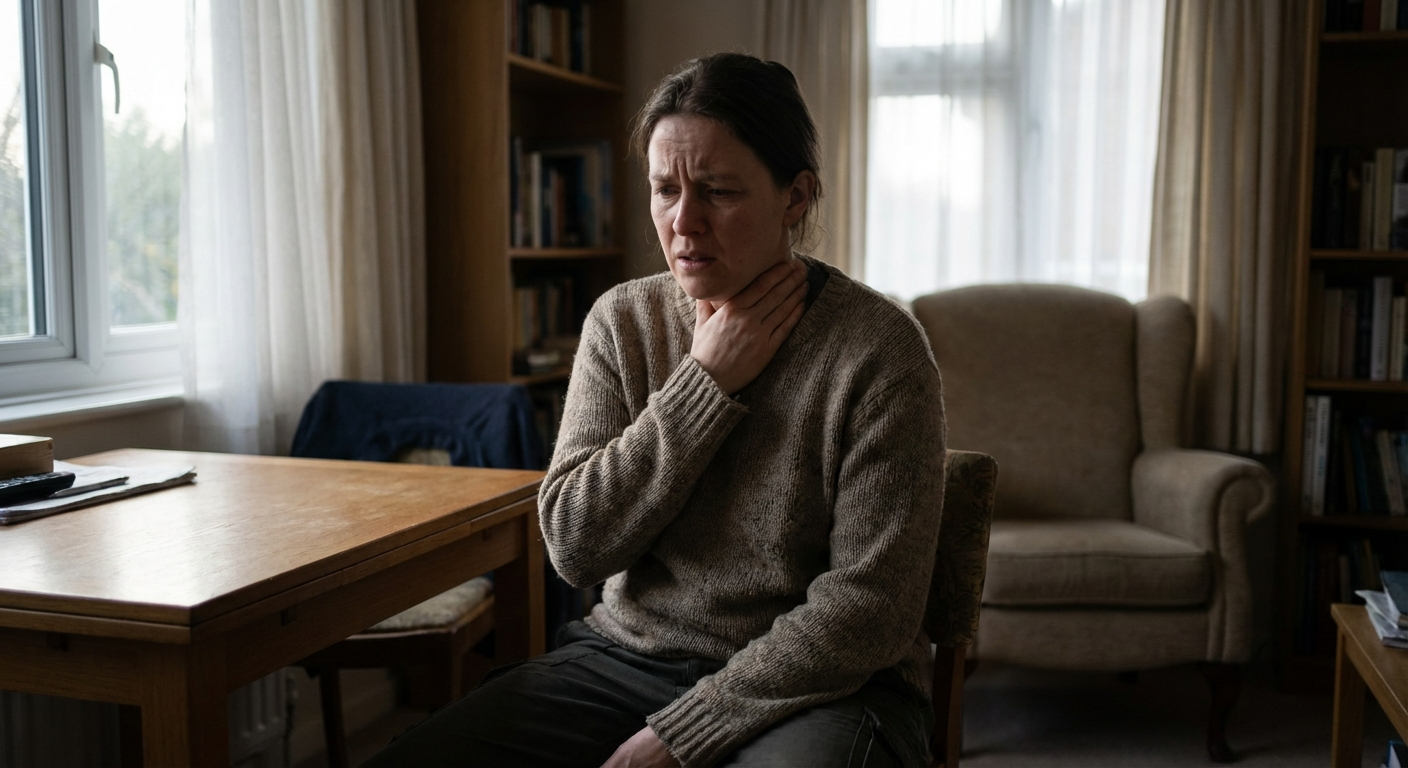 אדם עם יד על הגרון, מבט מודאג, תאורה טבעית רכה