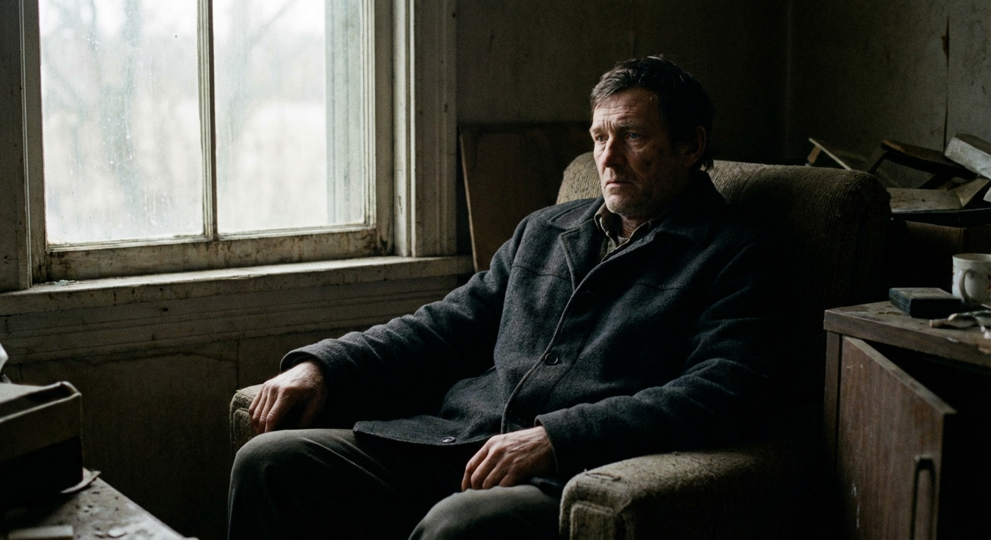 אדם יושב בחדר עם צללים, מביט קדימה עם מבט ריק, תאורה עמומה