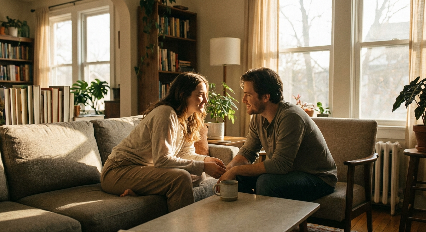 זוג יושב על ספה מול מול, שיחה רגועה, אור חם טבעי בסלון ביתי