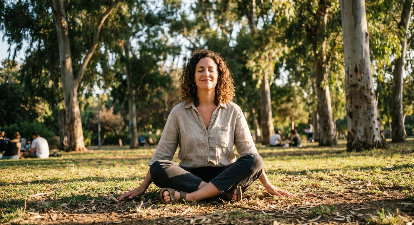 אדם ישראלי יושב על דשא בפארק, כפות ידיים על האדמה, עיניים עצומות, אור שמש רך